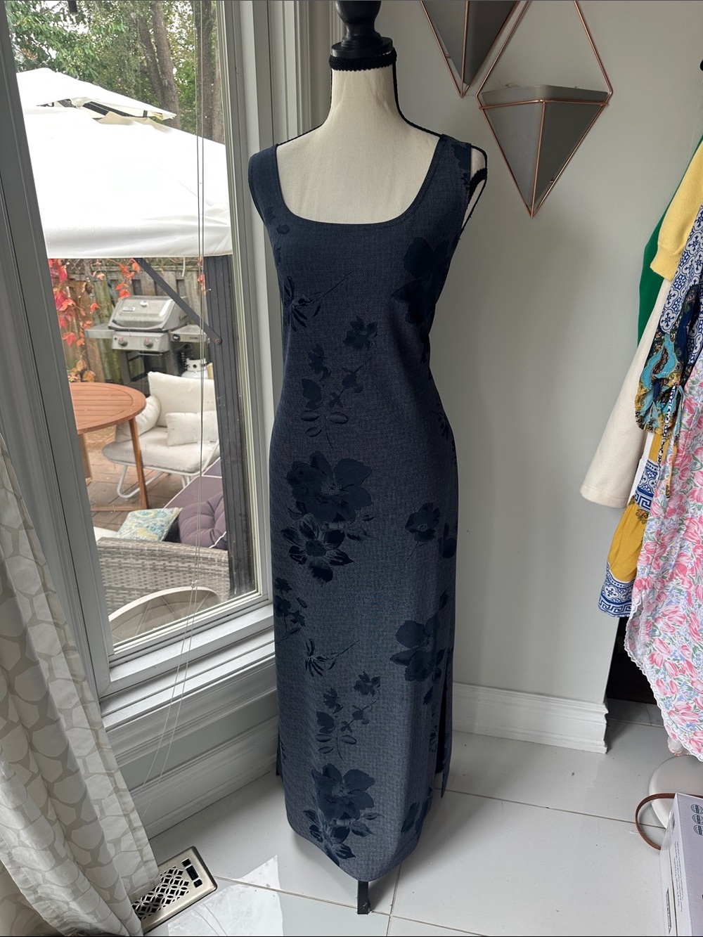 VINTAGE 90s Y2K Navy Blue White Floral Maxi Sheath Column Tank Dress Sz 14 XL